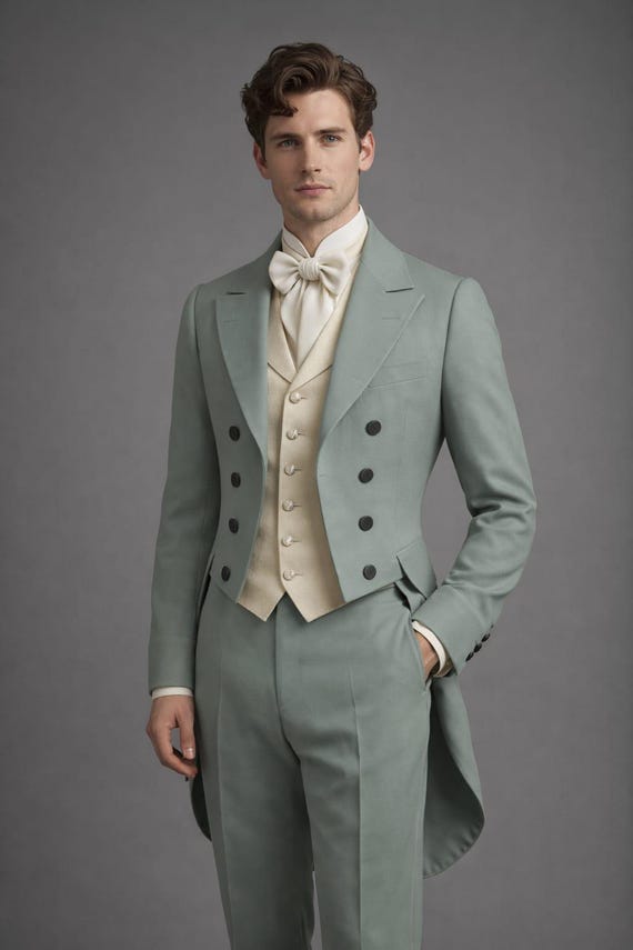 Men's Sage Green Victorian Tailcoat Suit – Double Breasted Wedding Formal Outfit