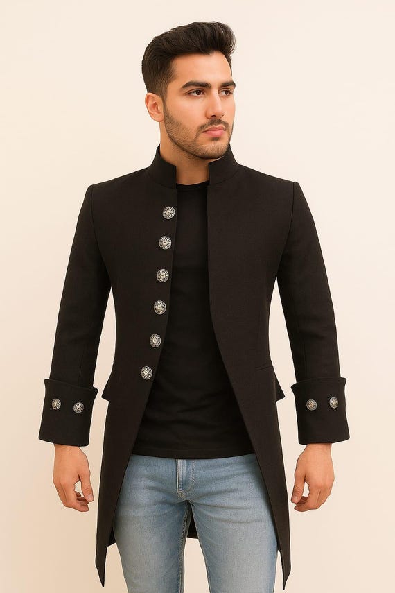 Men's Black Wool Blend Tailcoat | Victorian Steampunk Gothic Jacket | Military Style Coat