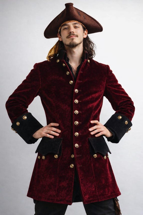 Men's Burgundy Velvet Pirate Coat – Steampunk Cosplay Frock Coat