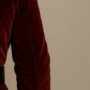 May include: A close-up of a Santa Claus costume. The burgundy velvet jacket has a white fur trim on the cuffs. The black belt and gloves are visible. The hat is black with a fluffy pom-pom.