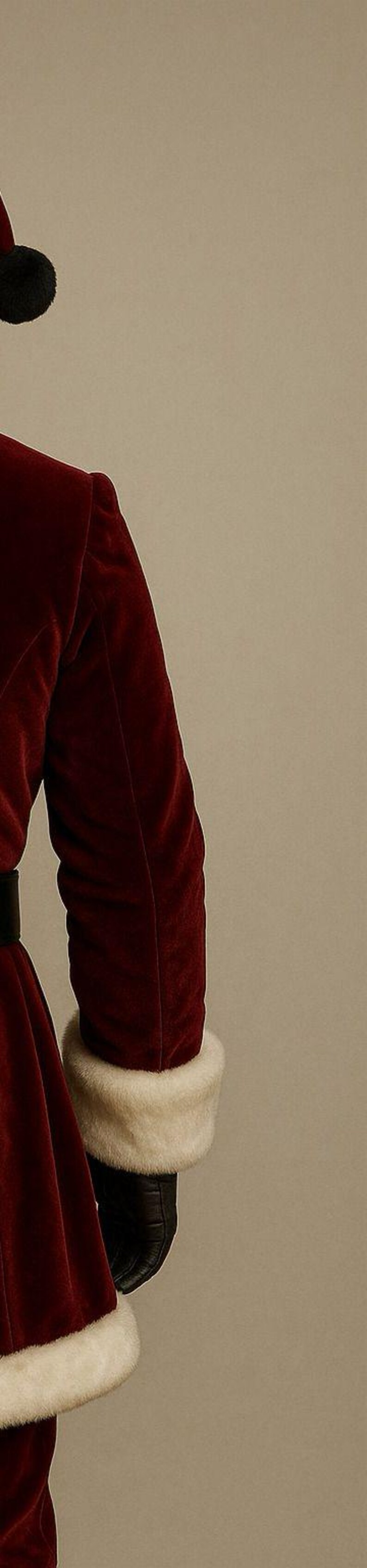 May include: A close-up of a Santa Claus costume. The burgundy velvet jacket has a white fur trim on the cuffs. The black belt and gloves are visible. The hat is black with a fluffy pom-pom.