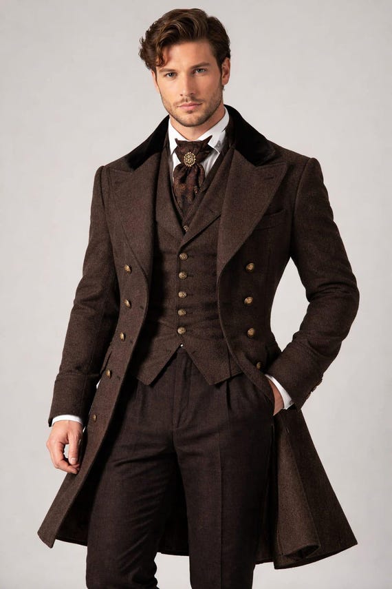 Men’s Victorian Frock Coat Brown , Edwardian Gothic Tailcoat , Steampunk Wedding Overcoat , Historical Formal Coat