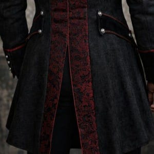 Men’s Gothic Black Victorian Coat – Steampunk Tailcoat Jacket with Red Brocade Vest – Vampire Wedding Long Blazer Costume