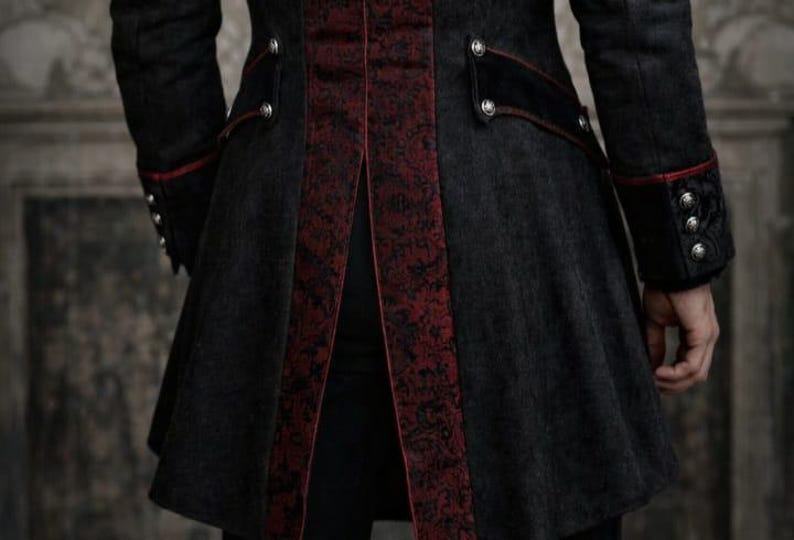 Men’s Gothic Black Victorian Coat – Steampunk Tailcoat Jacket with Red Brocade Vest – Vampire Wedding Long Blazer Costume
