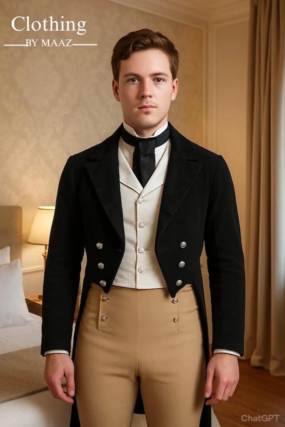 Handmade Black Wool Regency Tailcoat: 18th Century Military Style