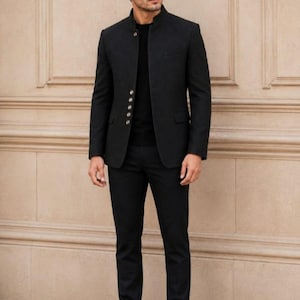 Men's Black Band Collar Blazer, Slim Fit Formal Evening Jacket, Suiting Fabric