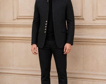 Men's Black Band Collar Blazer, Slim Fit Formal Evening Jacket, Suiting Fabric