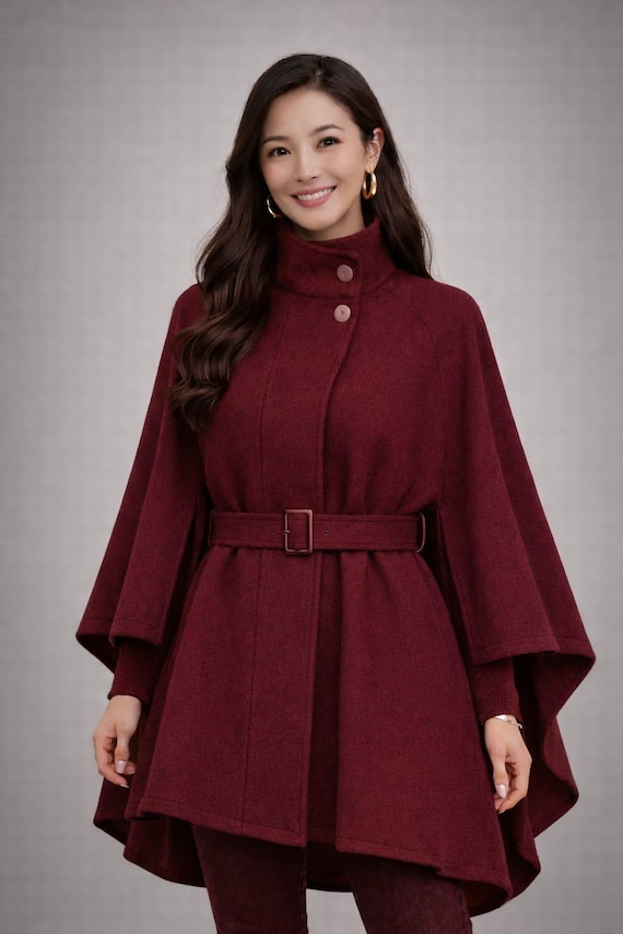 Burgundy Wool Cape Coat - Belted Winter Poncho, Vintage Style