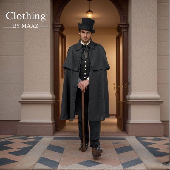 Handmade Men's Victorian Inverness Wool Cape Coat | Black Cape