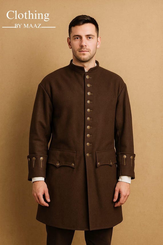 Men's Dark Brown Wool Frock Coat - 18th Century Style Outerwear