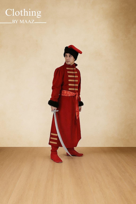 Men's Red Wool Cossack Coat, Gold Braiding Uniform, Russian Costume