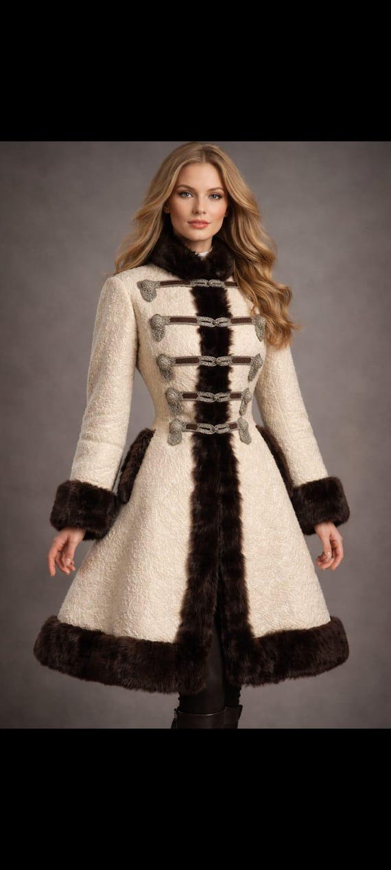 Victorian Wool Coat for Women , Luxury Winter Fur Trim Coat,  Elegant Medieval Style Long Jacket , Warm Designer Outerwear