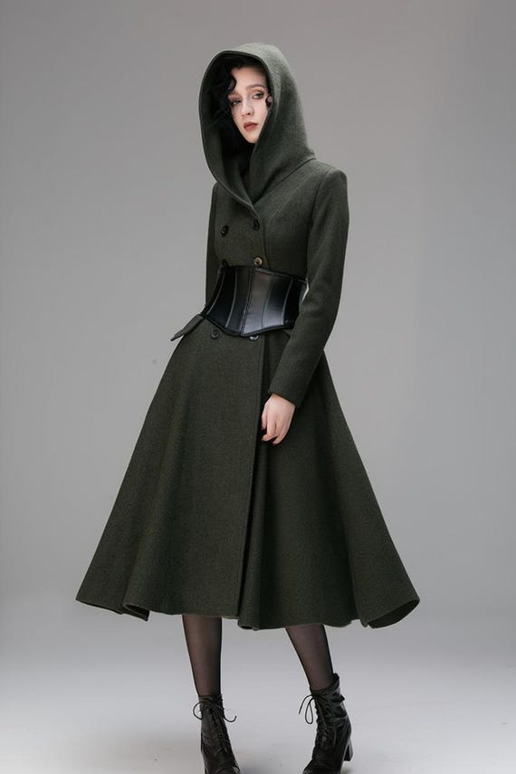 Hooded Wool Coat Dress, Gothic Victorian Medieval Cloak