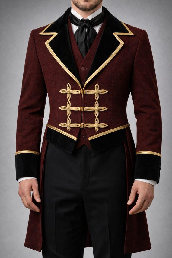 Victorian Tailcoat Jacket for Men – Burgundy Gothic Frock Coat, Steampunk Ringmaster Formal Costume Blazer