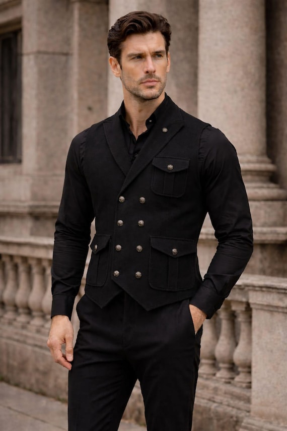 Black Double Breasted Waistcoat, Vintage Style Slim Fit Suit Vest, Formal Tailored Outfit