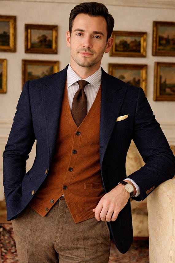 Men's Navy Blazer with Brown Waistcoat, Layered Formal Outfit, Wedding Groom Style