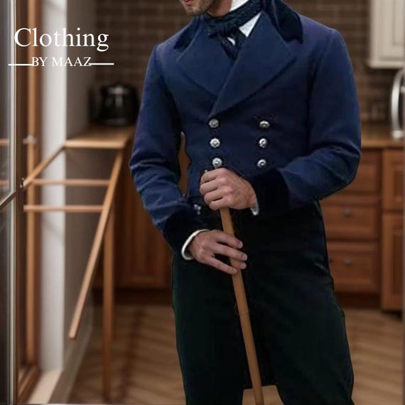Handmade Navy Blue Wool Regency Tailcoat: 1830s Style