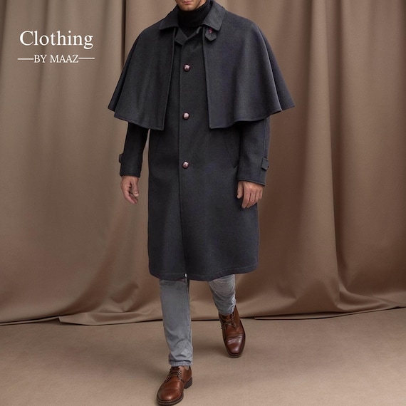 Men's Victorian Inverness Cape Coat: Long Black Wool Outerwear