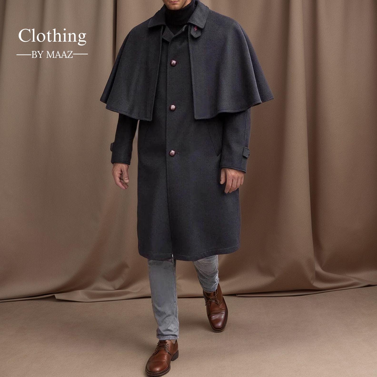 Men's Victorian Inverness Cape Coat: Long Black Wool Outerwear