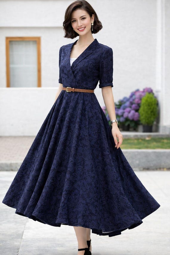 Navy Brocade Midi Dress, Vintage Fit and Flare, Belted Evening Dress