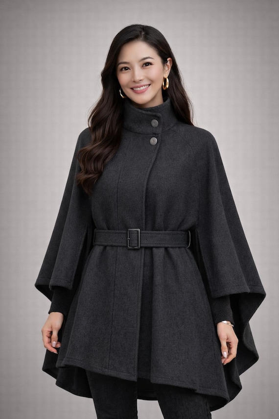 Wool Cape Coat | High Neck Poncho Jacket, Belted Winter Outerwear