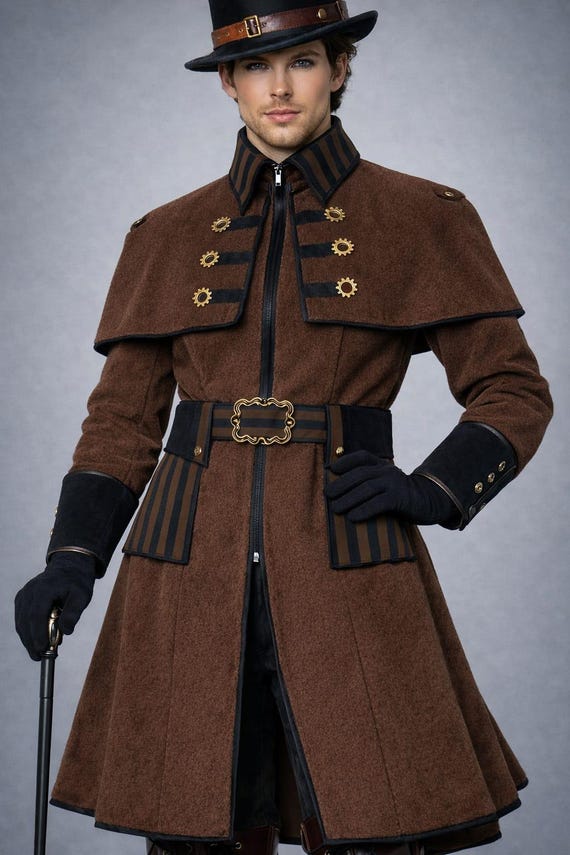 Men's Brown Wool Steampunk Coat, Gothic Victorian Trench, Cosplay Outfit