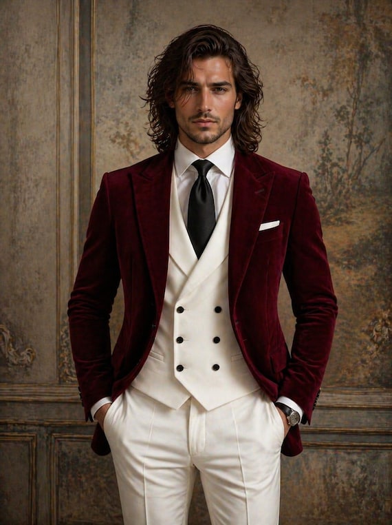 Men’s Burgundy Velvet Blazer Suit , Victorian Gentleman Outfit , Wedding Groom Tuxedo Jacket & Waistcoat Set