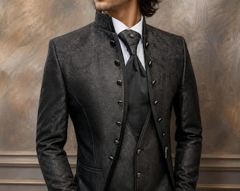 Traje negro de jacquard gótico victoriano, chaqueta de frac bordada, atuendo de boda steampunk para novio