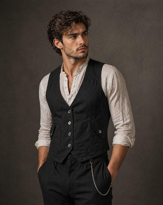 Men's Black Slim Fit V-Neck Vest – Vintage Style Tailored Gilet for Formal Weddings