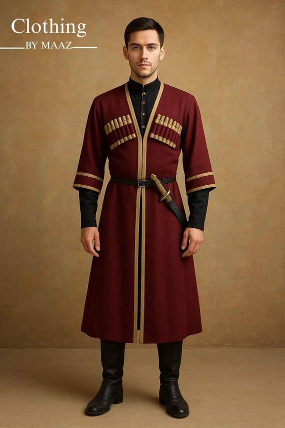 Men's Dark Red Wool Cossack Chokha Coat, Georgian Clothing