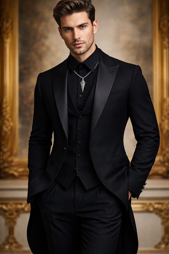 Black Tailcoat Suit for Men, Luxury Wedding Tuxedo, Gothic Formal Suit, Slim Fit Groom Outfit, Elegant Evening Wear, Designer Menswear Set