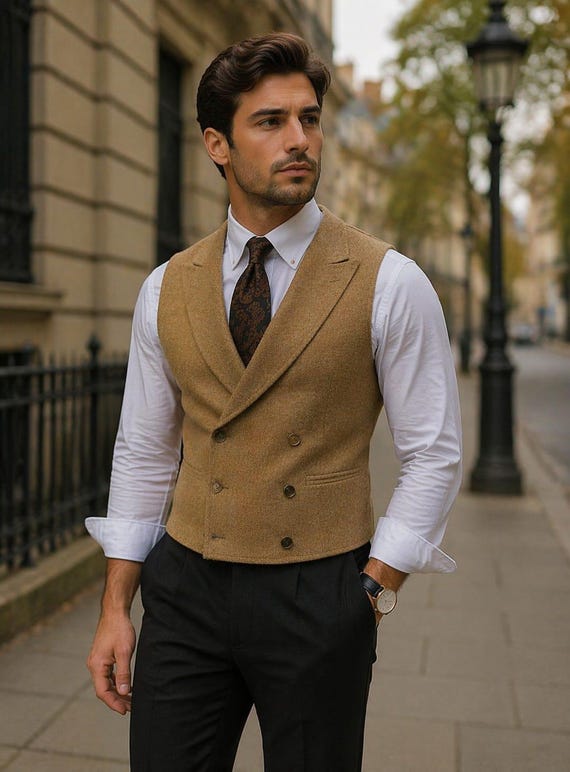 Camel Tweed Wool Blend Double Breasted Waistcoat, Victorian Style Vest