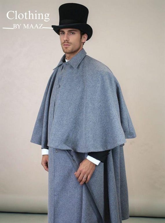 Men's Victorian Wool Cape Coat: Long Gray Duster, Winter Outerwear