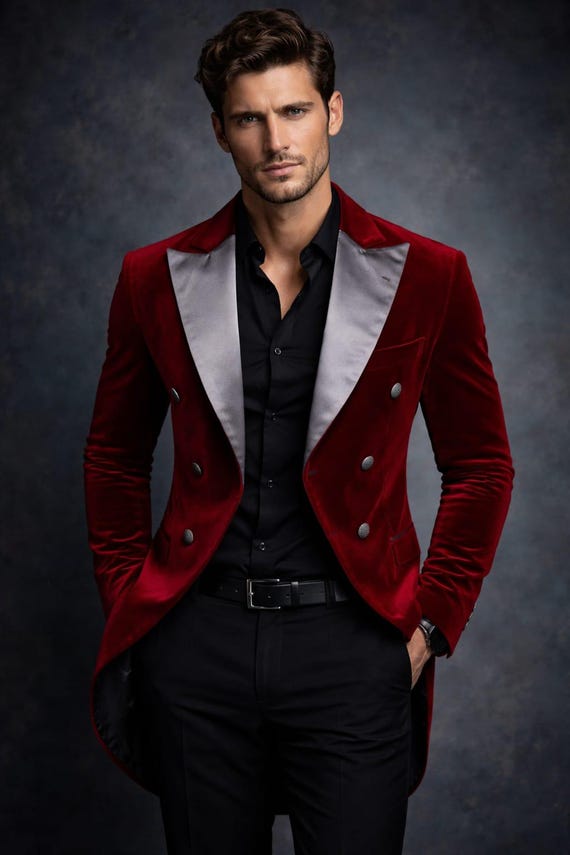 Men's Red Velvet Tailcoat Blazer, Double Breasted Satin Lapel Formal Coat