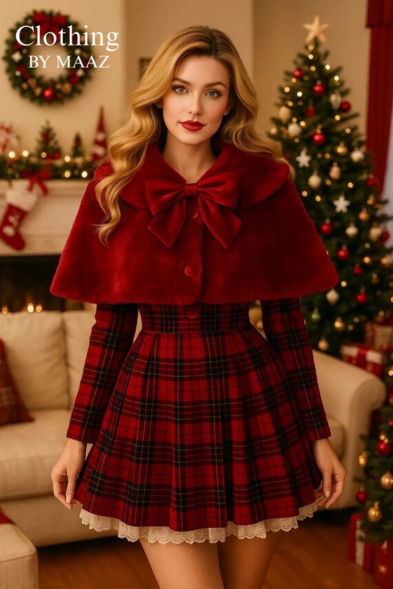 Christmas Plaid Dress with Red Velvet Cape & Bow | Holiday Party Outfit | Cute Winter Dress | Festive Outfit for Women | Xmas Gift Idea