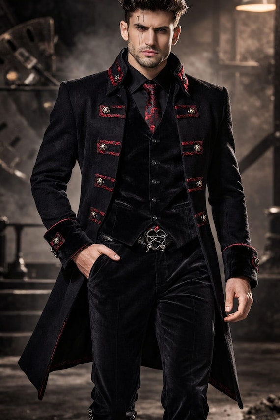 Men's Gothic Tailcoat - Black Wool Blend, Red Trim Steampunk Jacket