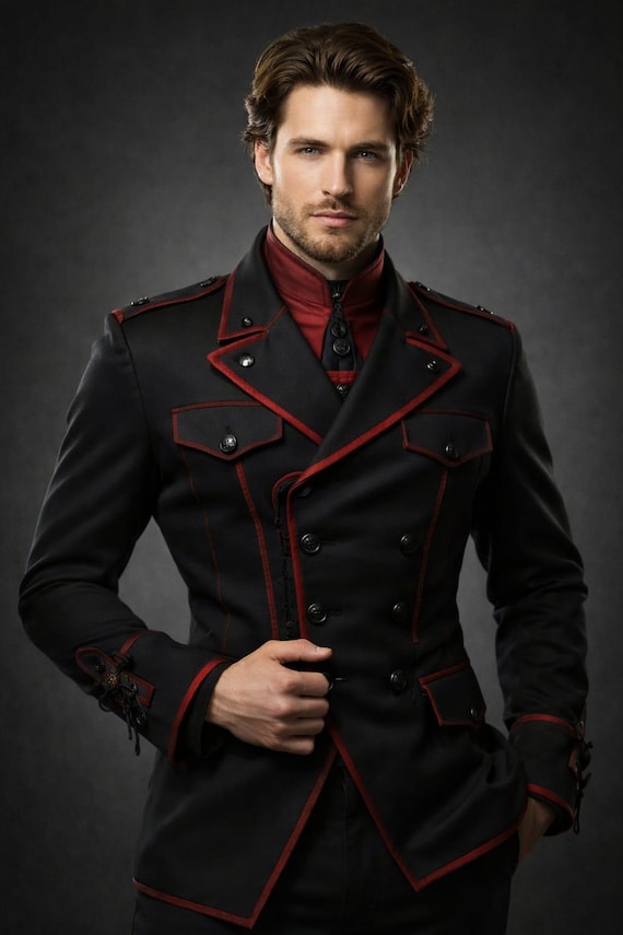 Men Gothic Military Jacket ,  Victorian Steampunk Coat ,  Black Red Trim Double Breasted , Alternative Fashion