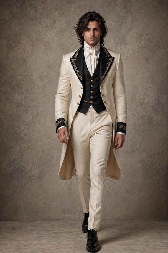 Cream Victorian Tailcoat Suit, Embroidered Groom Tuxedo, Vintage Prince Formal Menswear