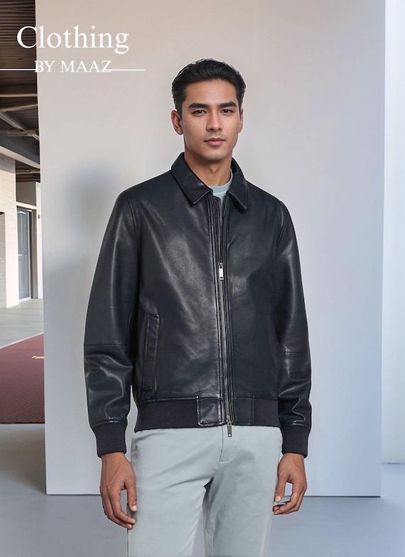 Handmade Dark Blue Leather Bomber Jacket: Military Style Outerwear