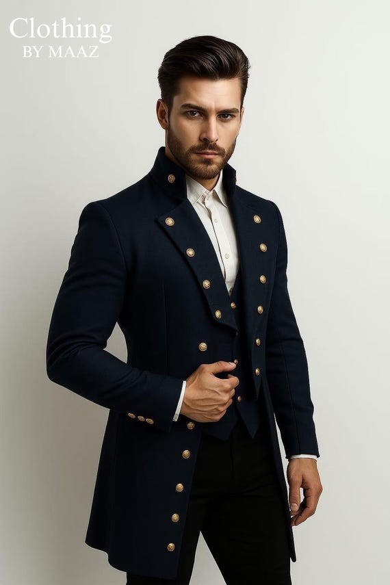 Handmade Dark Navy Blue Wool Regency Tailcoat: Military Style Mens Coat