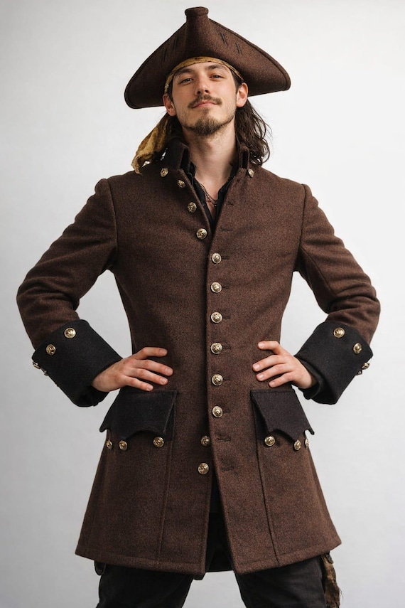 Men’s Victorian Pirate Long Coat – Brown Wool Historical Military Jacket , Renaissance Steampunk Gothic Costume