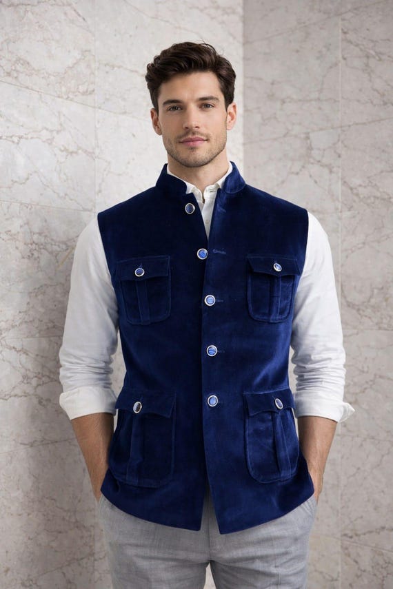 Men's Royal Blue Velvet Nehru Vest, Luxury Formal Sleeveless Blazer for Wedding, Party Wear