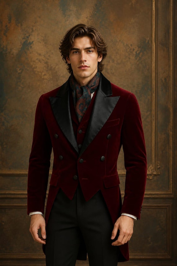 Men’s Burgundy Velvet Tailcoat Tuxedo – Black Satin Peak Lapel Formal Wedding Suit