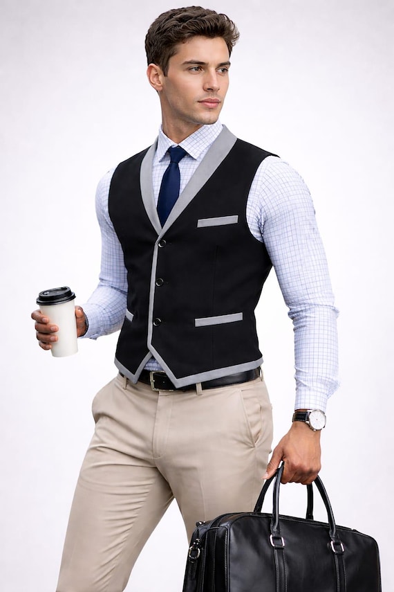 Men's Black Grey Trim Slim Fit Formal Vest, Business Wedding Waistcoat