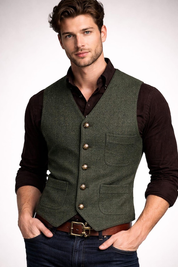 Men's Olive Green Tweed Herringbone Waistcoat, Slim Fit Rustic Wedding Vest