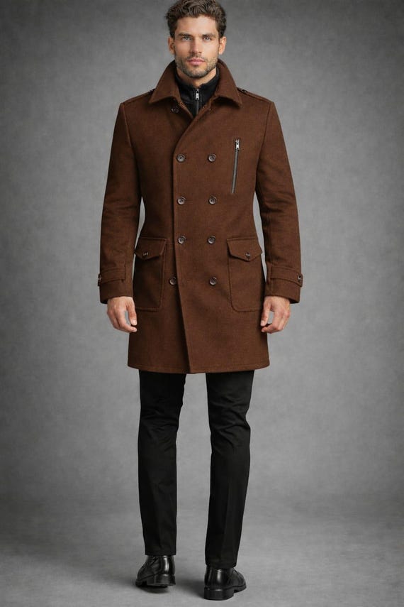 Men's Brown Wool Overcoat, Double Breasted Winter Trench Coat