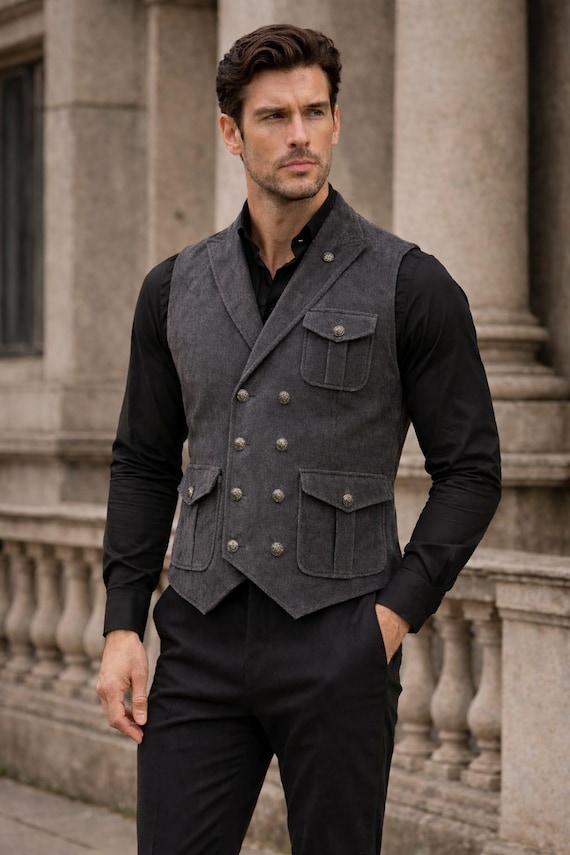 Men's Grey Tweed Double Breasted Vest – Vintage Style Tailored Waistcoat