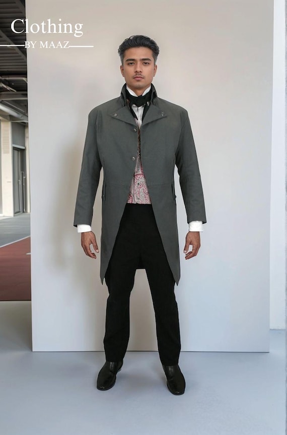 Handmade Men's Gray Regency Tailcoat: 18th Century Style