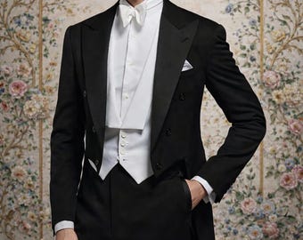 Handmade Men's Wool Gregory Tuxedo Tailcoat | Black Regency Long Coat