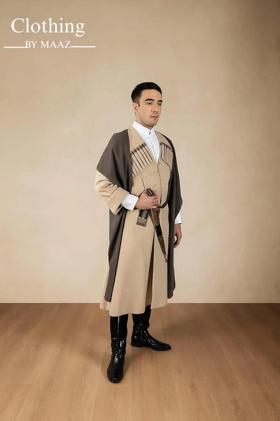 Handmade Off White Cossack Chokha Coat: Georgian Circassian Dance Costume, Russian War Long Coat